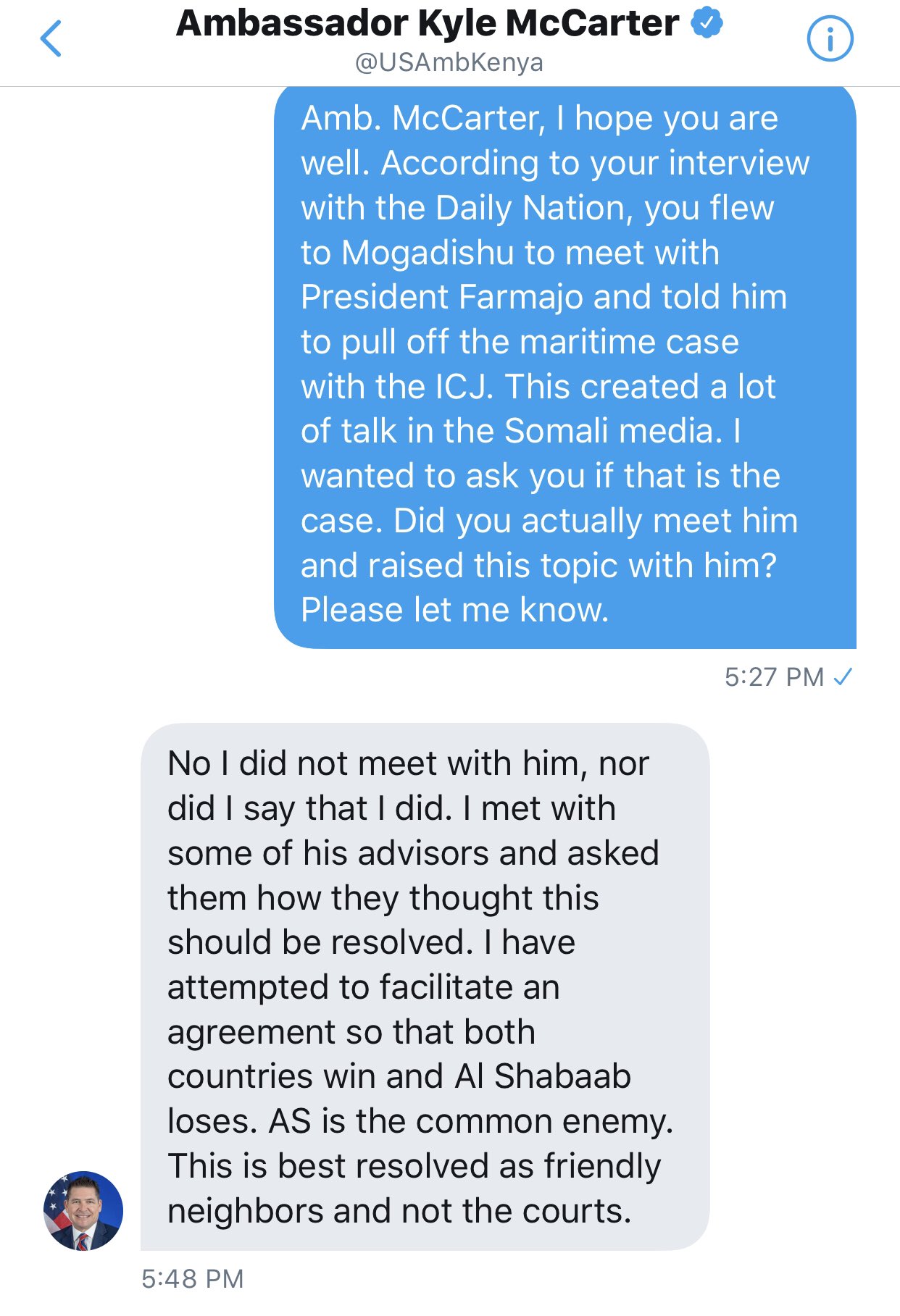 McCarter: Cidda aan kiiska badda kala hadlay ma ahan Farmaajo, waa la-taliyaashiisa McCarter: Cidda aan kiiska badda kala hadlay ma ahan Farmaajo, waa la-taliyaashiisa